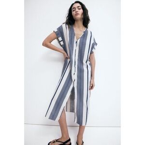 NWT H&M Striped Blue and White Button-Down Crepe Linen Dress size S